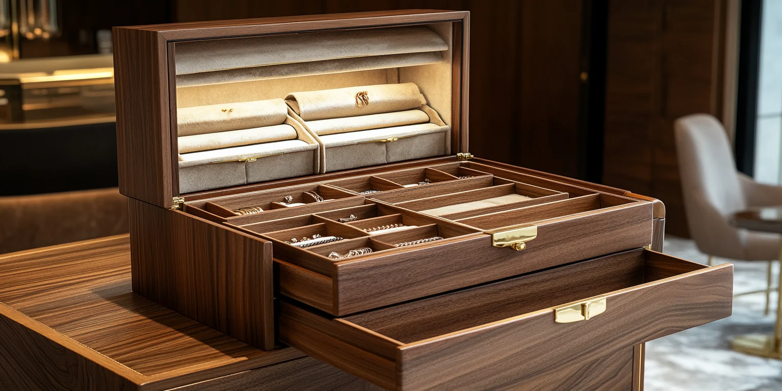 A set of custom wood jewelry boxes, open and displaying various pieces.